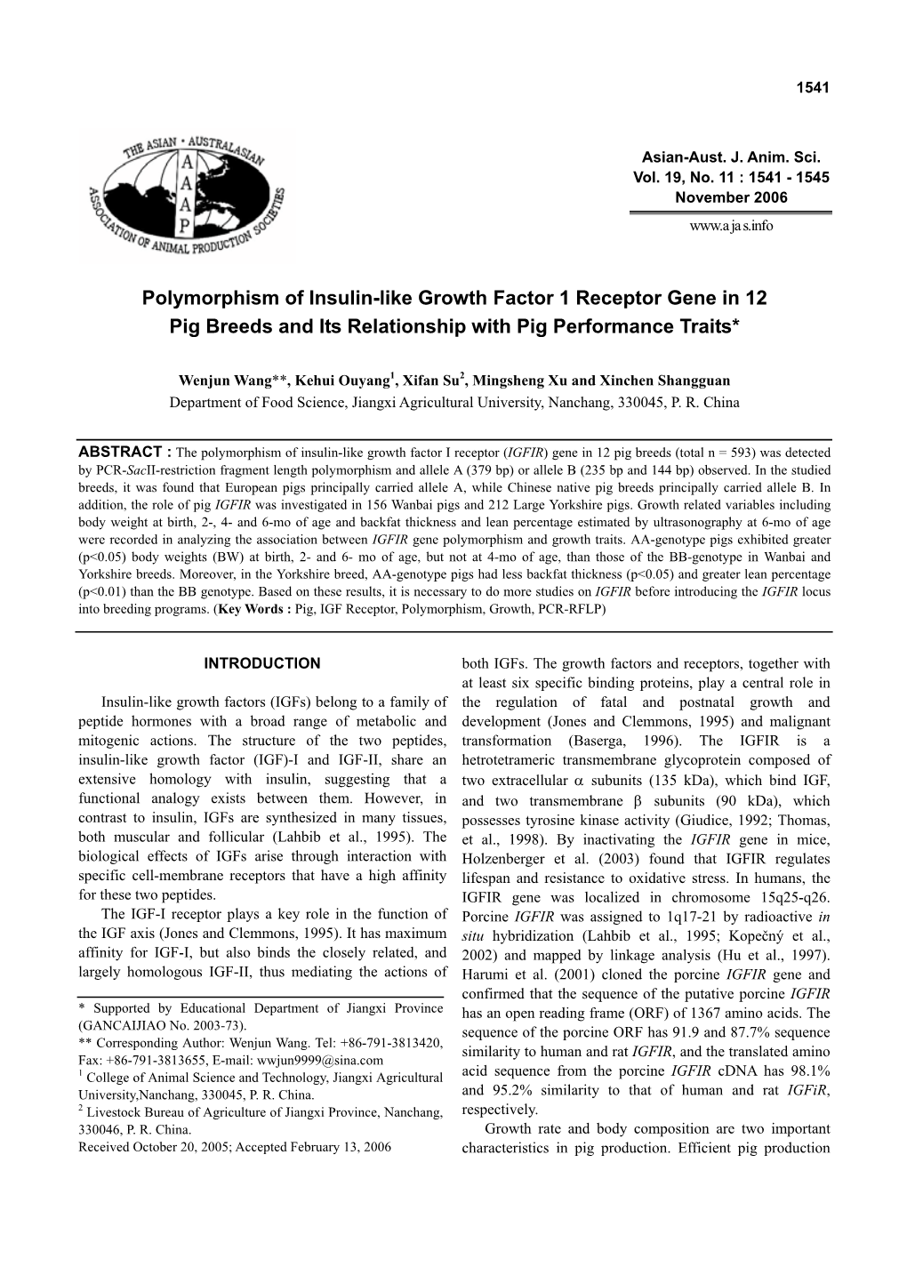 Polymorphism of Insulin-Like Growth Factor 1 Receptor Gene in 12 Pig Breeds and Its Relationship with Pig Performance Traits*