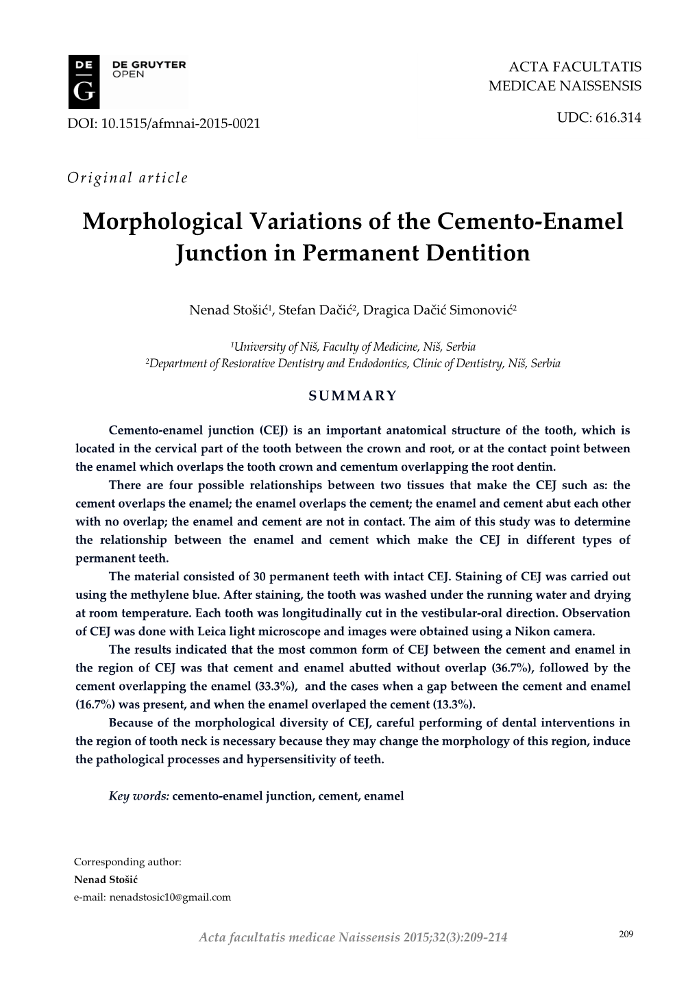 Morphological Variations of the Cemento-Enamel Junction in Permanent Dentition