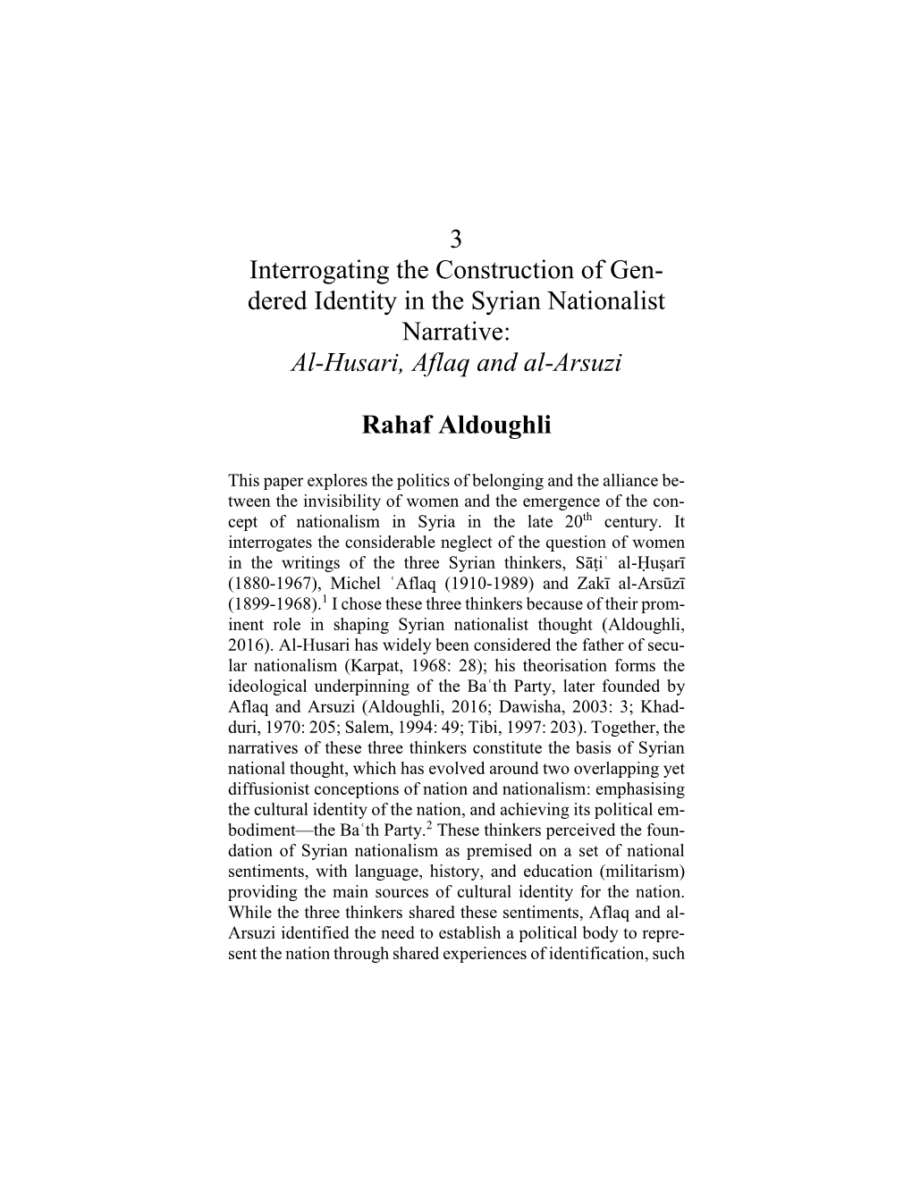 Dered Identity in the Syrian Nationalist Narrative: Al-Husari, Aflaq and Al-Arsuzi
