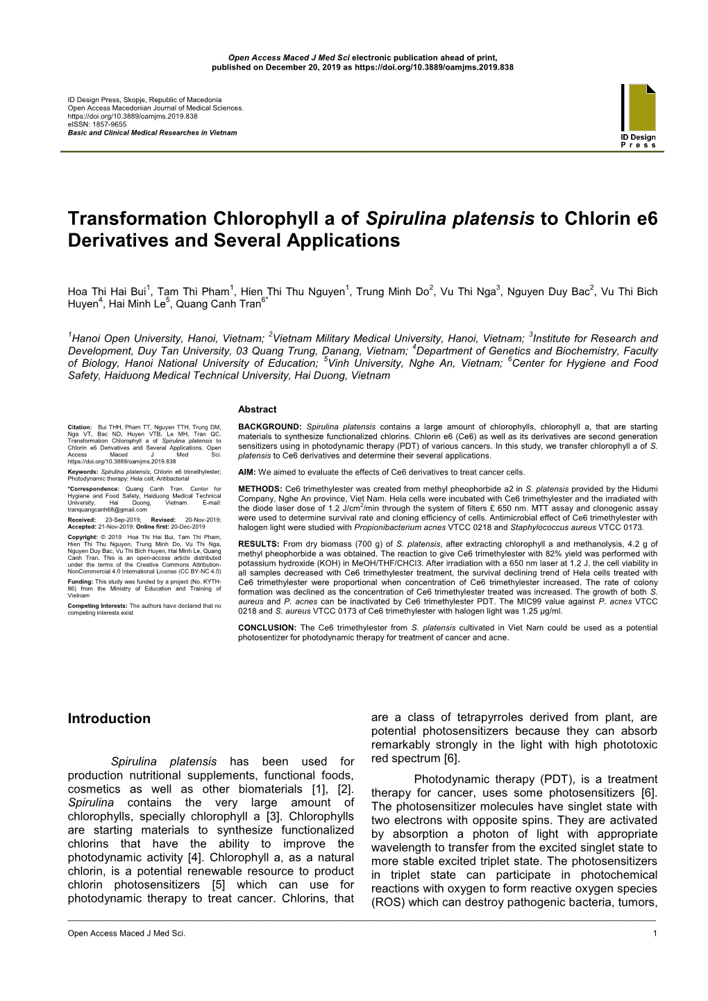 Transformation Chlorophyll a of Spirulina Platensis to Chlorin E6 Derivatives and Several Applications