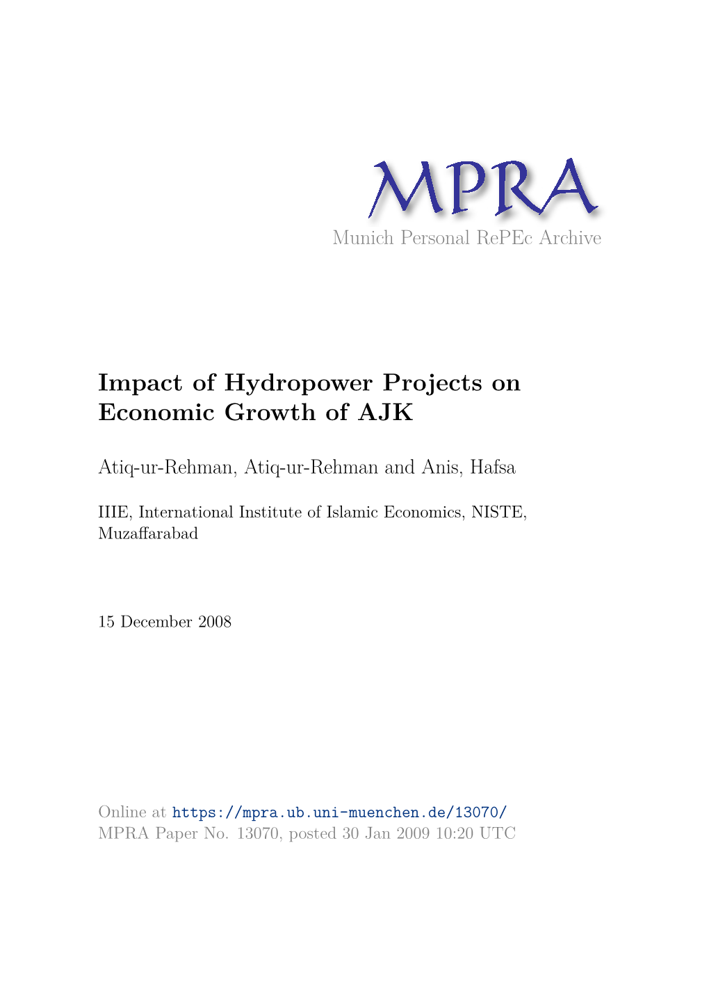 Impact of Hydropower Projects on Economic Growth of AJK