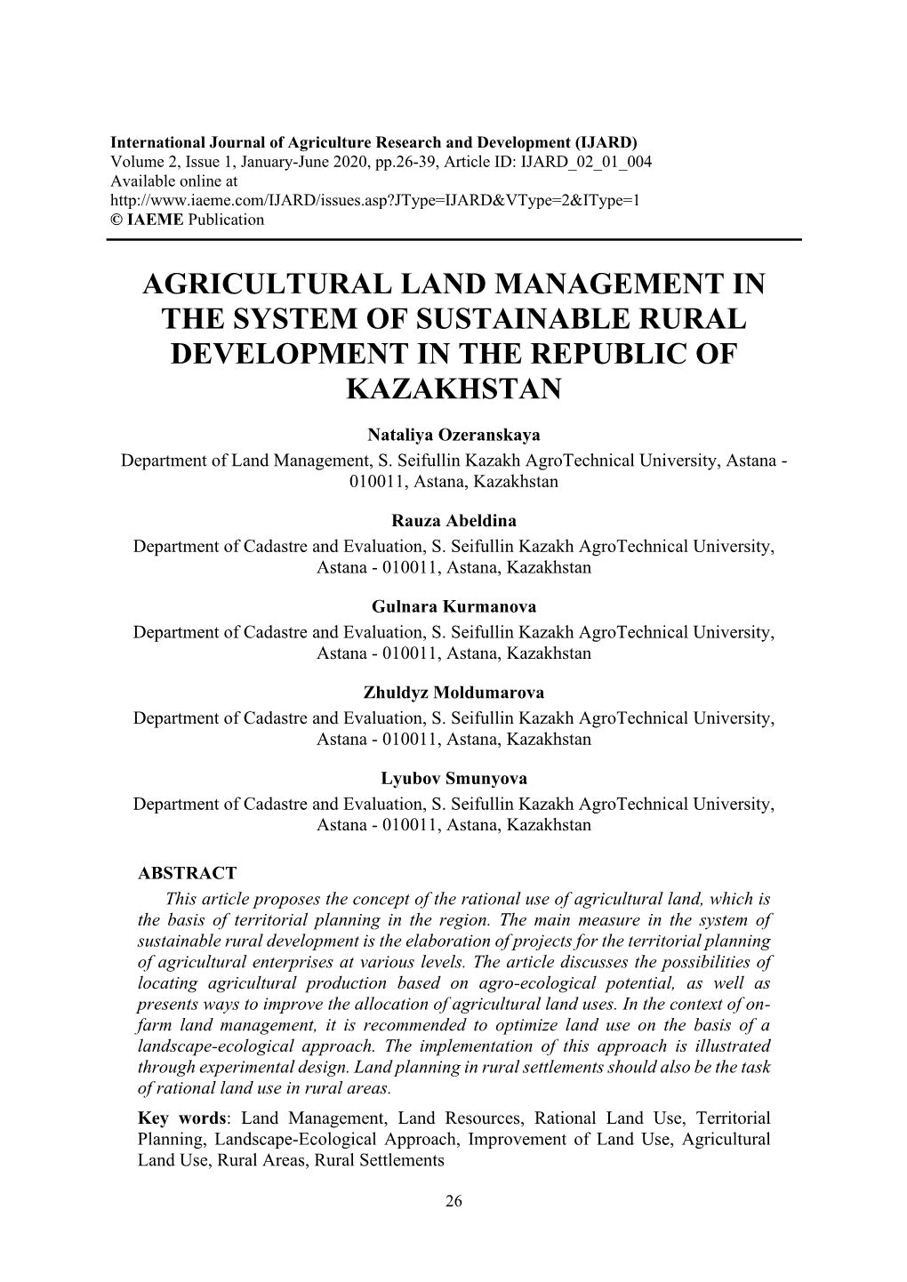 Agricultural Land Management in the System of Sustainable Rural Development in the Republic of Kazakhstan