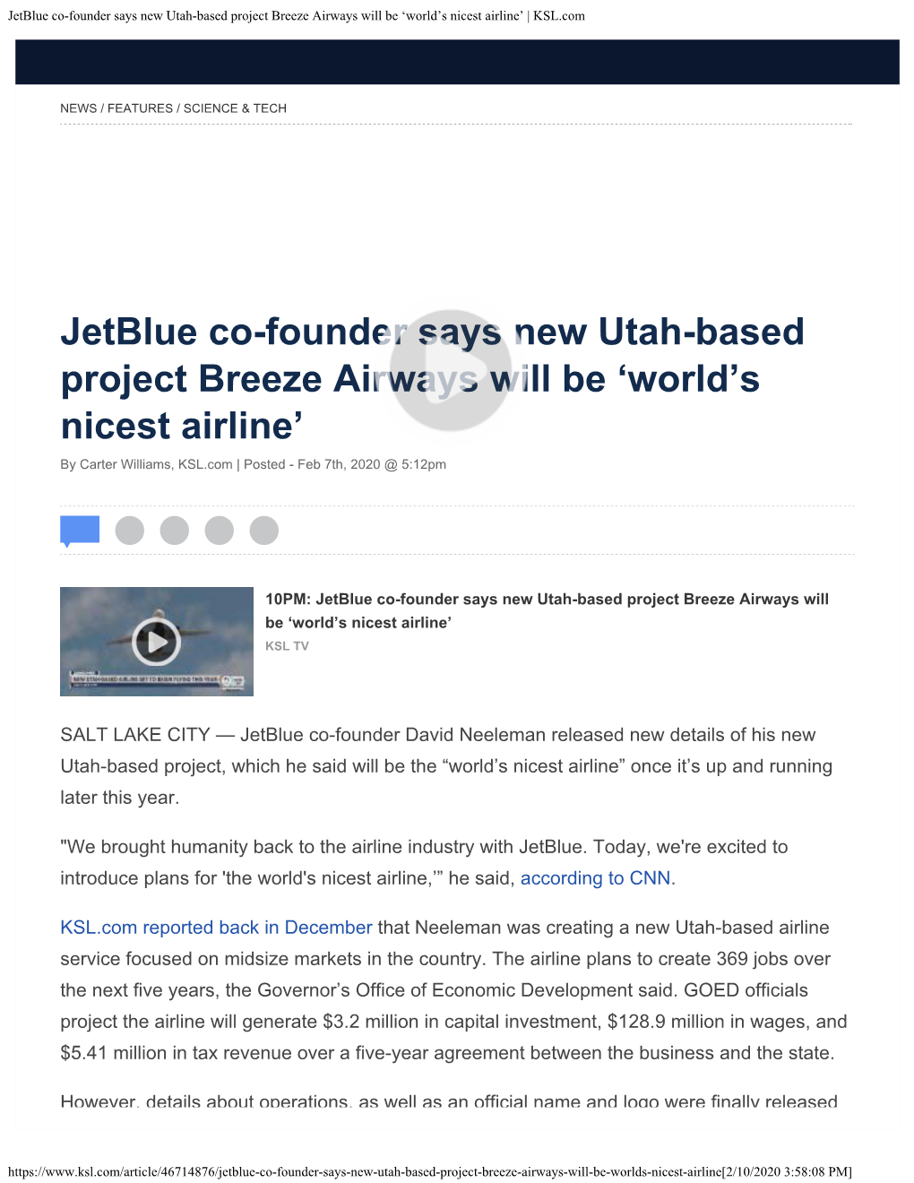 Jetblue Co-Founder Says New Utah-Based Project Breeze Airways Will Be ‘World’S Nicest Airline’ | KSL.Com