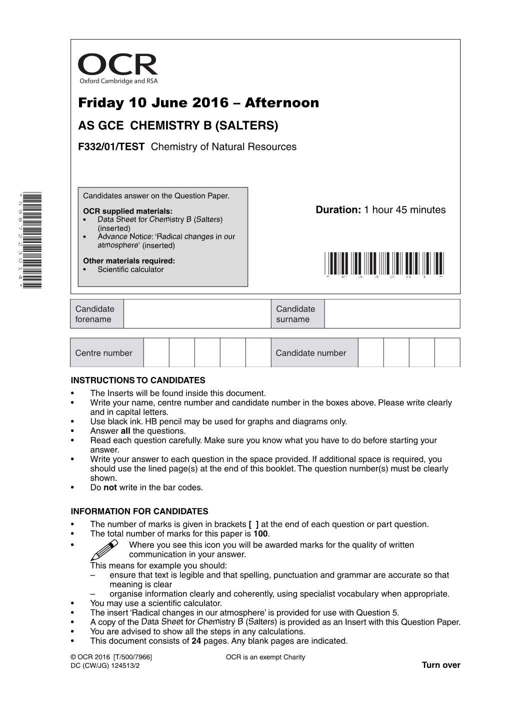 Friday 10 June 2016 – Afternoon 2016 10 June Friday AS GCE B (SALTERS) CHEMISTRY F332/01/TEST • • of the a Copy • Calculations