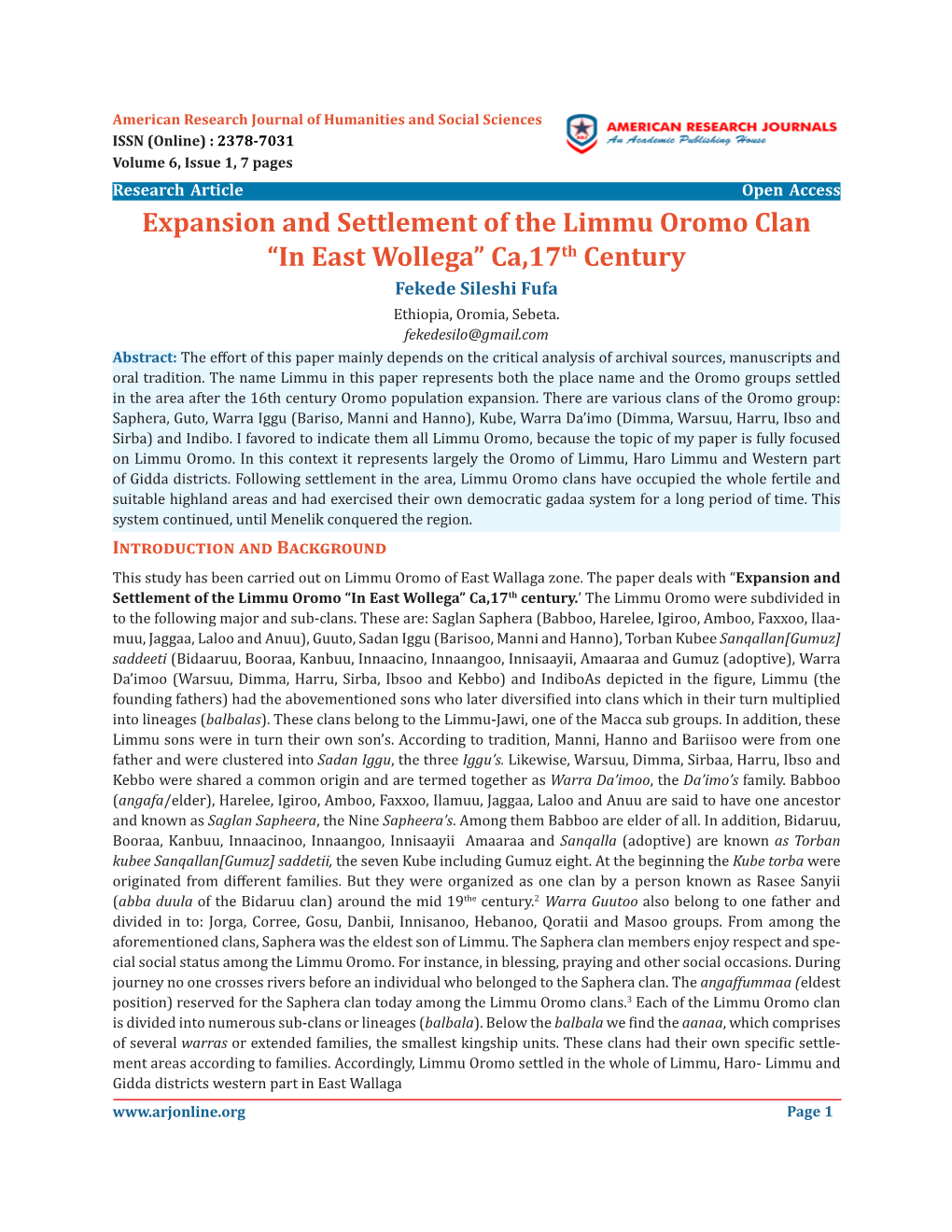 Expansion and Settlement of the Limmu Oromo Clan “In East Wollega” Ca,17Th Century Fekede Sileshi Fufa Ethiopia, Oromia, Sebeta