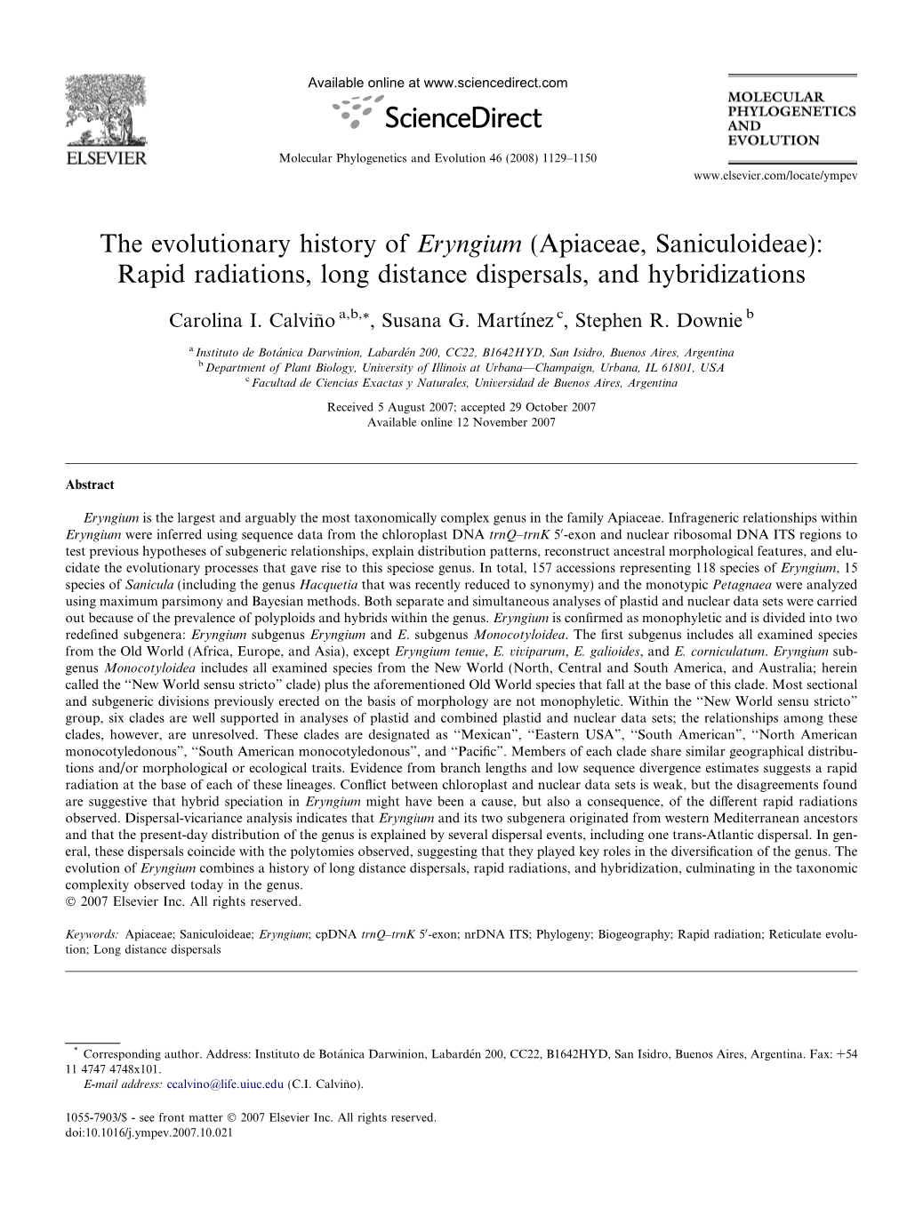 Eryngium (Apiaceae, Saniculoideae): Rapid Radiations, Long Distance Dispersals, and Hybridizations