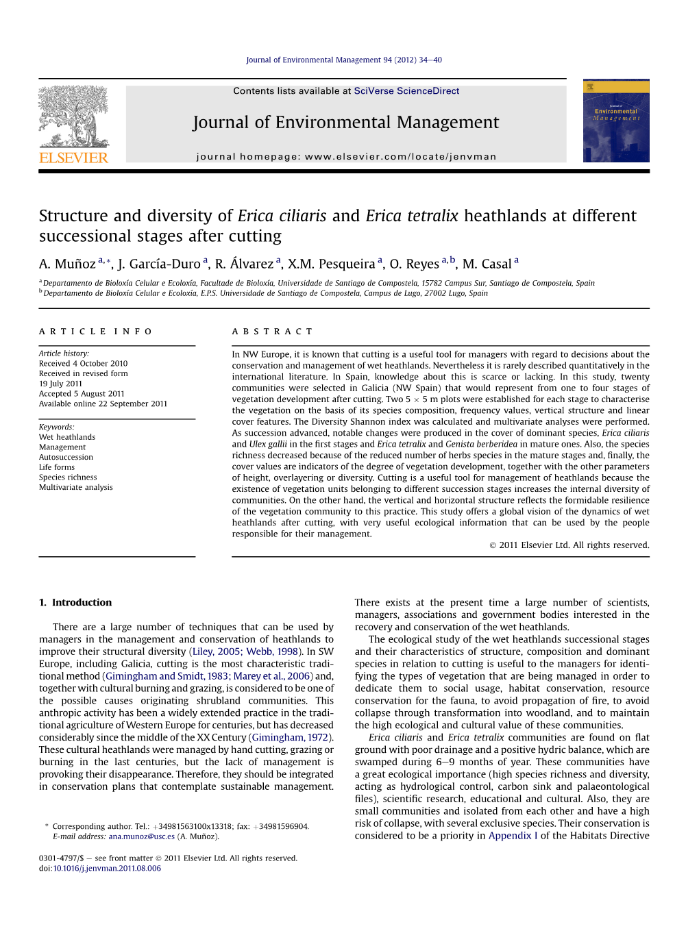 Structure and Diversity of Erica Ciliaris and Erica Tetralix Heathlands at Different Successional Stages After Cutting