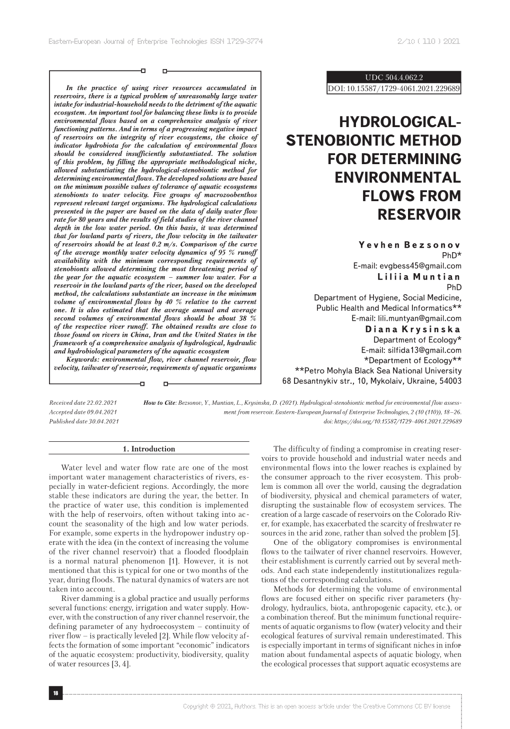 Hydrological- Stenobiontic Method for Determining Environmental Flows from Reservoir