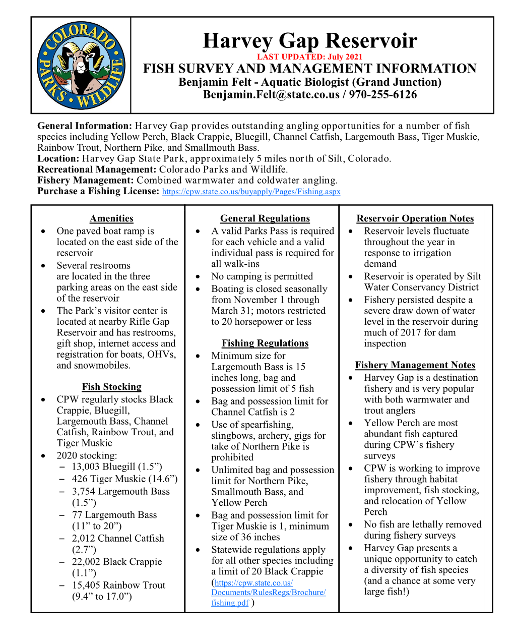 Harvey Gap Reservoir Fish Survey and Management Information