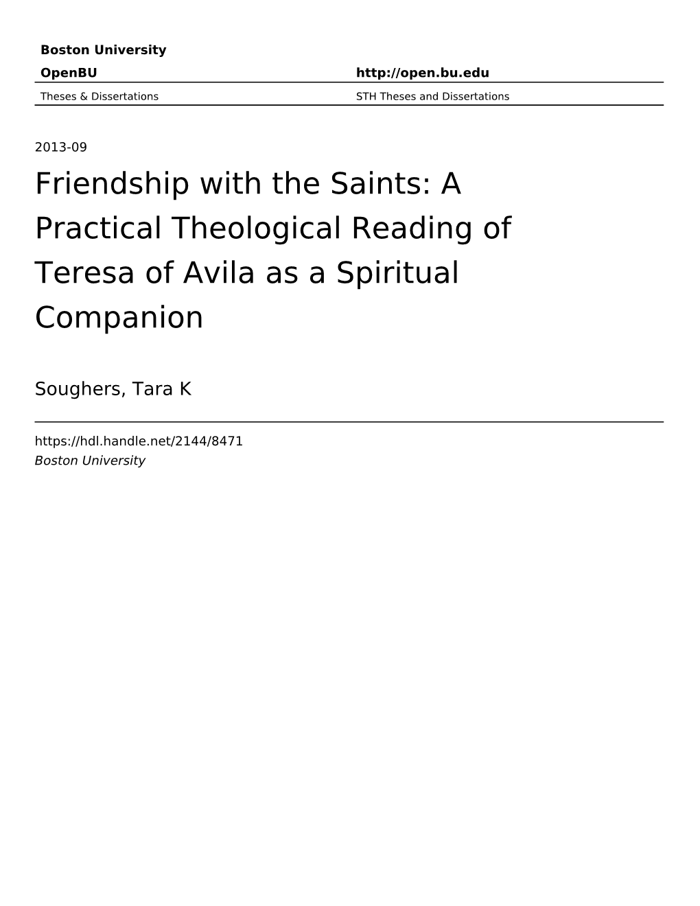 Friendship with the Saints: a Practical Theological Reading of Teresa of Avila As a Spiritual Companion