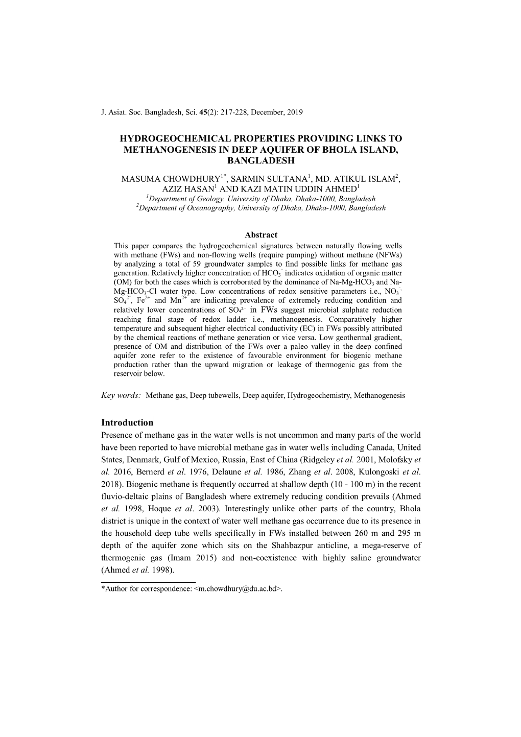 HYDROGEOCHEMICAL PROPERTIES PROVIDING LINKS to METHANOGENESIS in DEEP AQUIFER of BHOLA ISLAND, BANGLADESH Introduction