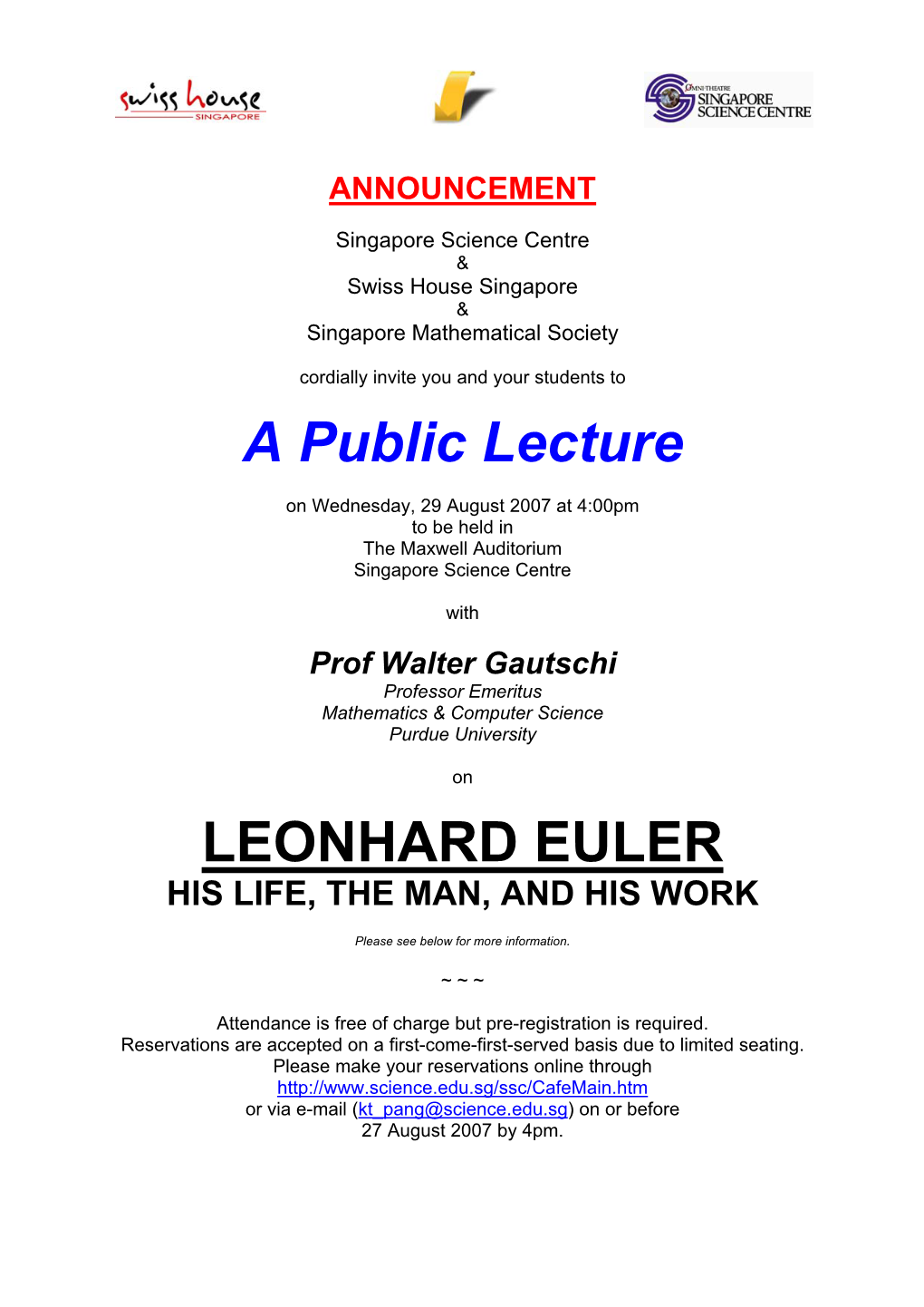 A Public Lecture LEONHARD EULER