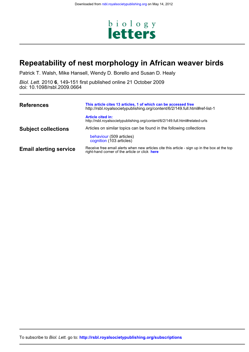 Repeatability of Nest Morphology in African Weaver Birds