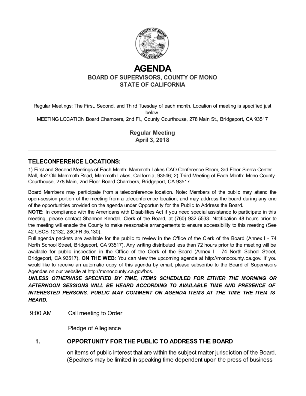 Agenda Board of Supervisors, County of Mono State of California