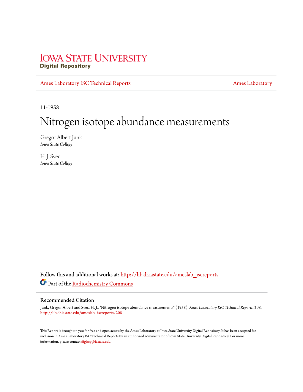 Nitrogen Isotope Abundance Measurements Gregor Albert Junk Iowa State College