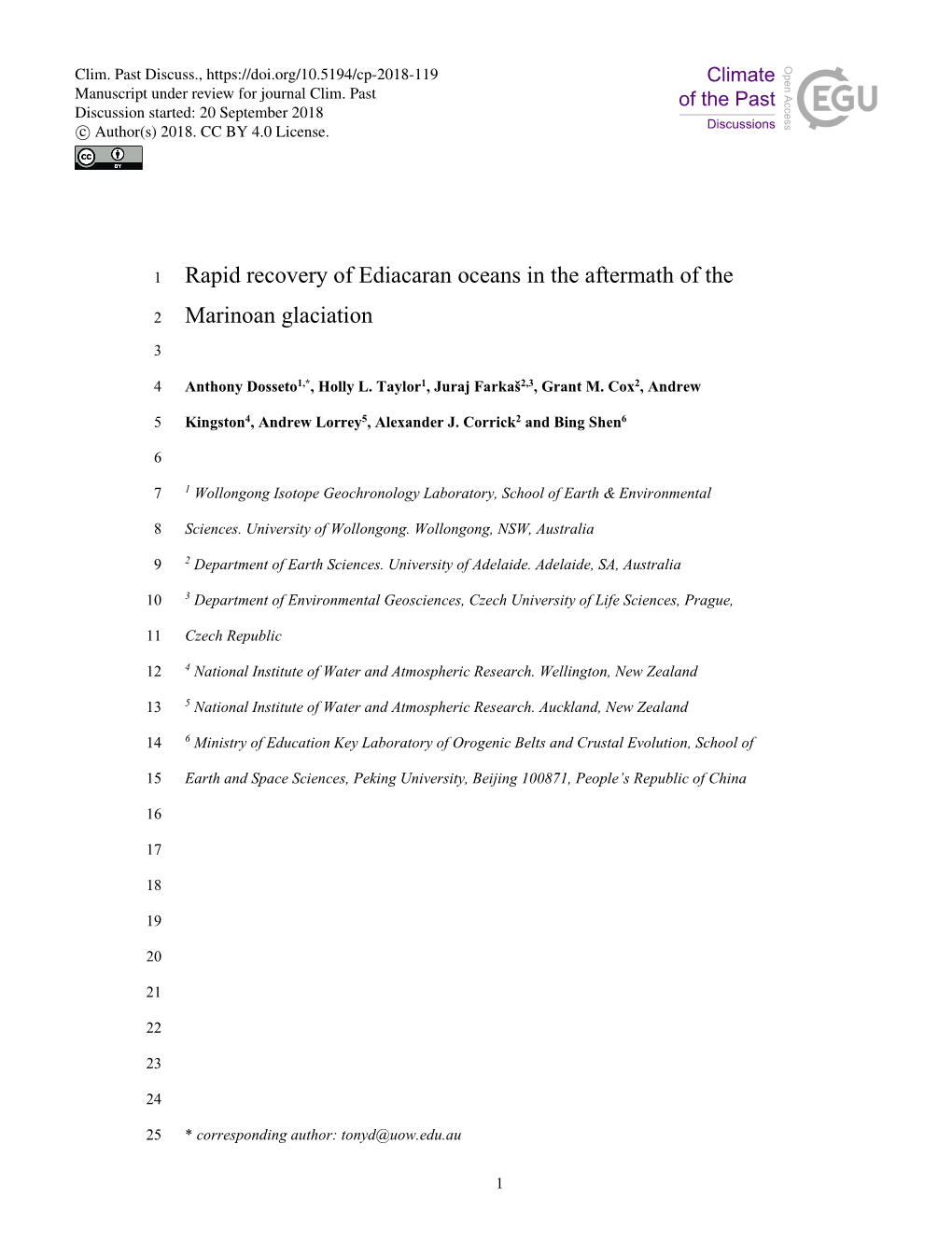 Rapid Recovery of Ediacaran Oceans in the Aftermath of the Marinoan