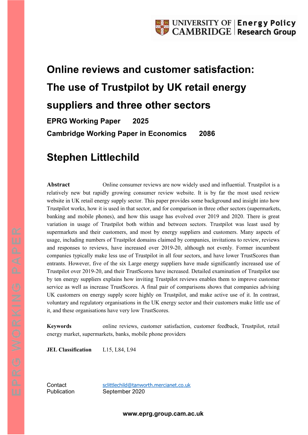 Online Reviews and Customer Satisfaction: the Use of Trustpilot by UK Retail Energy Suppliers and Three Other Sectors