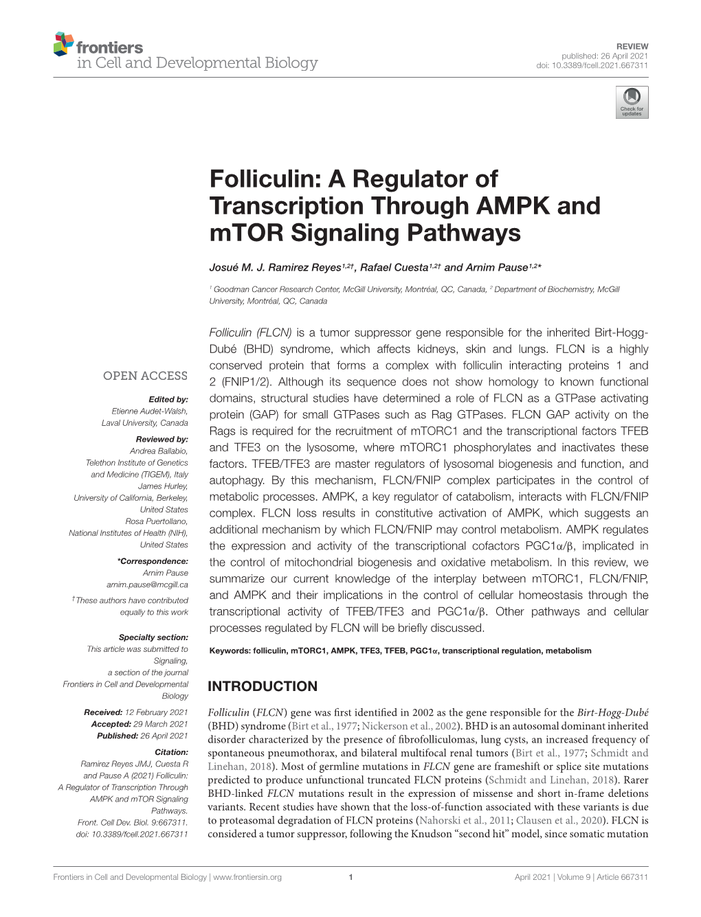 Folliculin: a Regulator of Transcription Through AMPK and Mtor Signaling Pathways