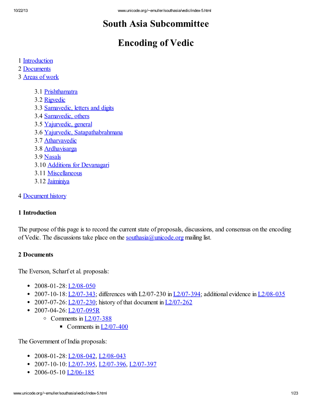 South Asia Subcommittee Encoding of Vedic