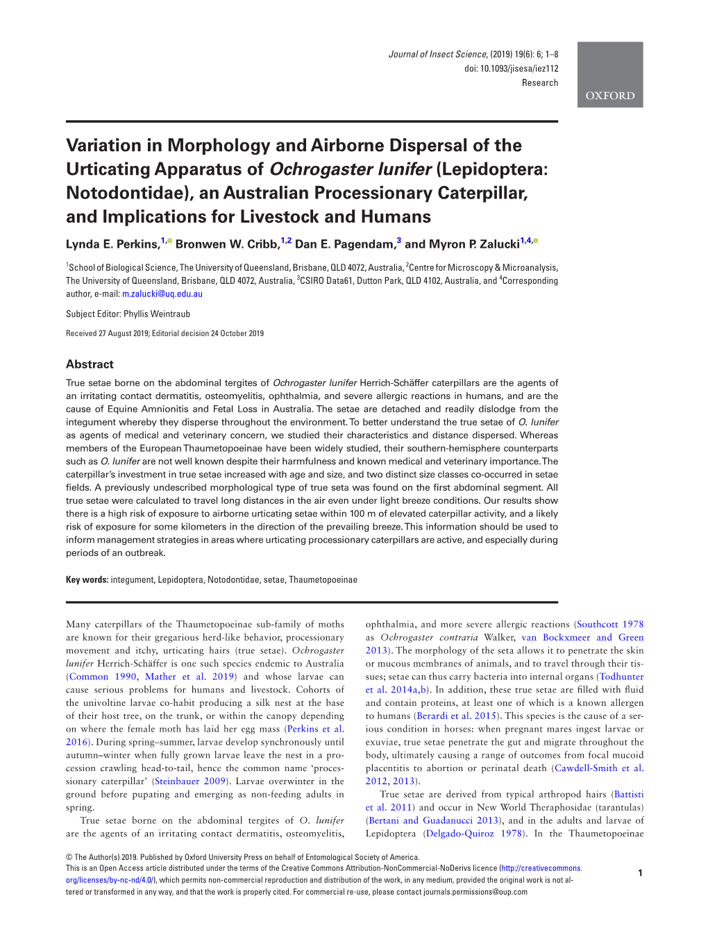 Variation in Morphology and Airborne Dispersal of the Urticating