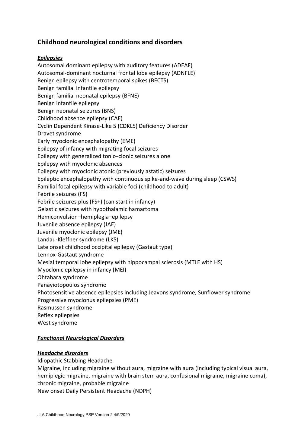 Childhood Neurological Conditions and Disorders