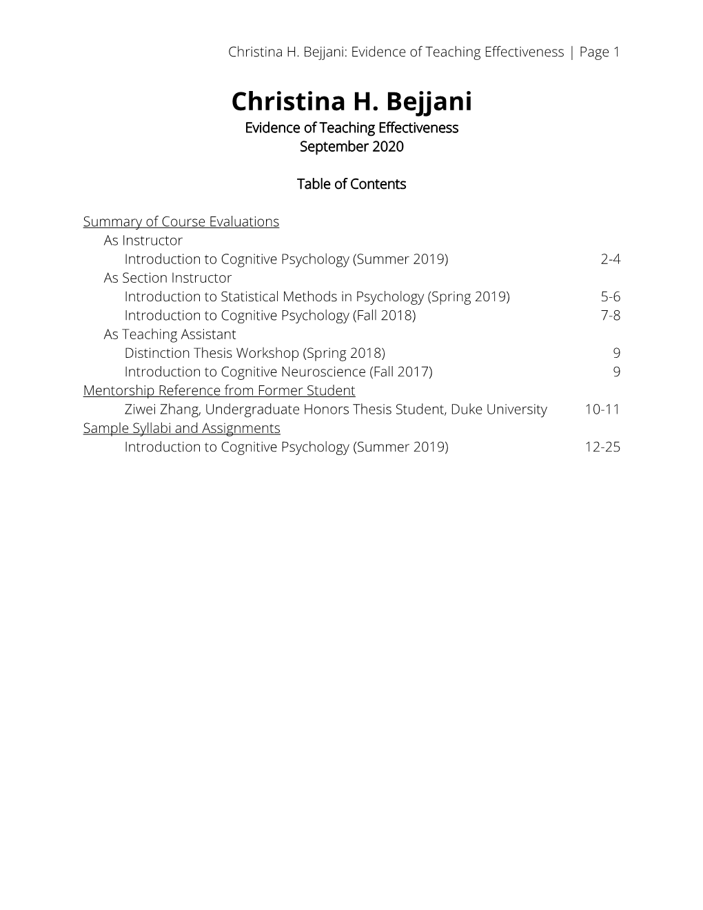 Christina H. Bejjani: Evidence of Teaching Effectiveness | Page 1