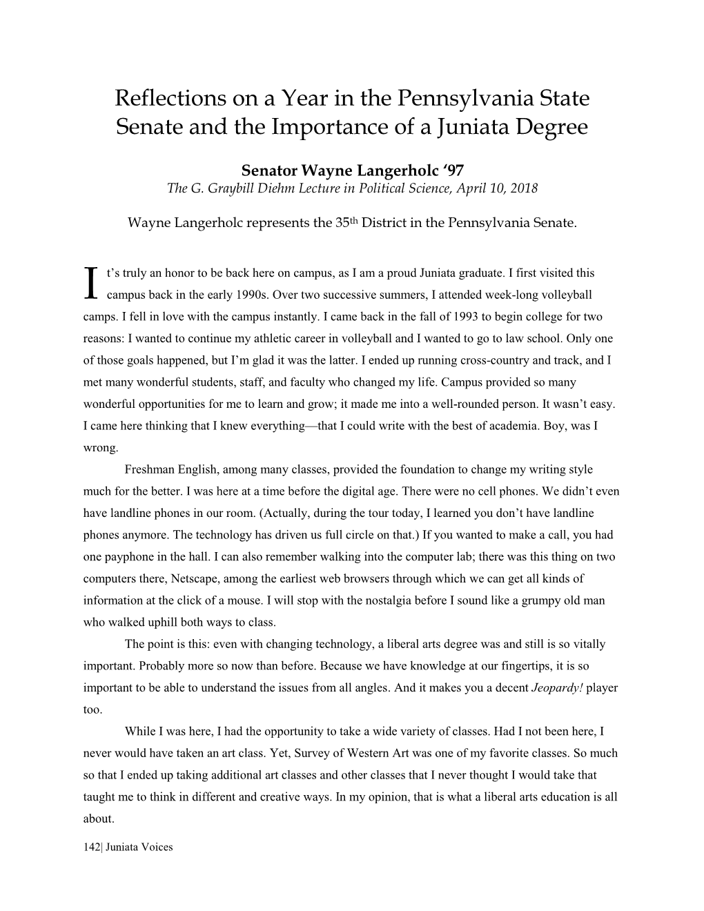 Reflections on a Year in the Pennsylvania State Senate and the Importance of a Juniata Degree