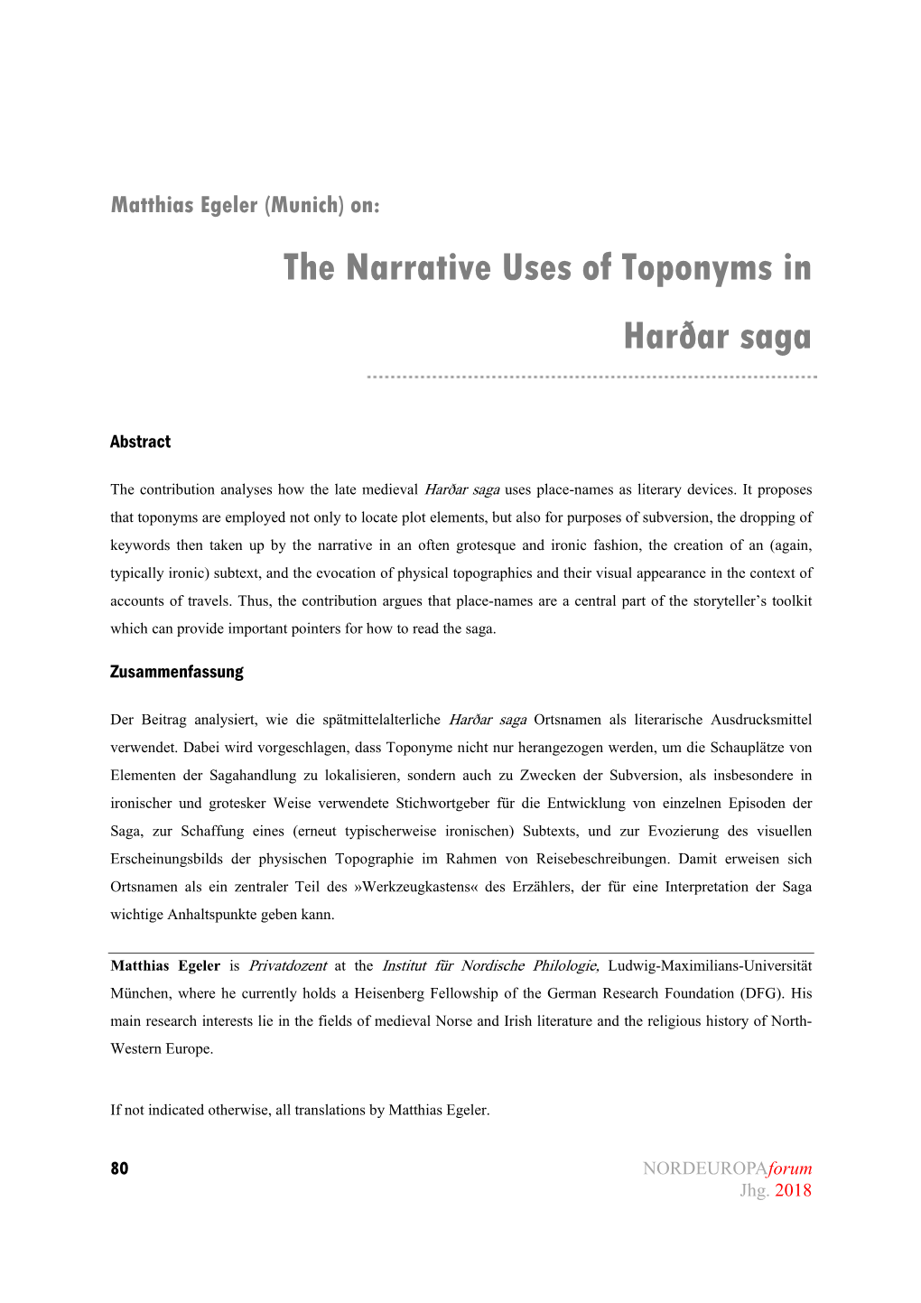 The Narrative Uses of Toponyms in Harðar Saga