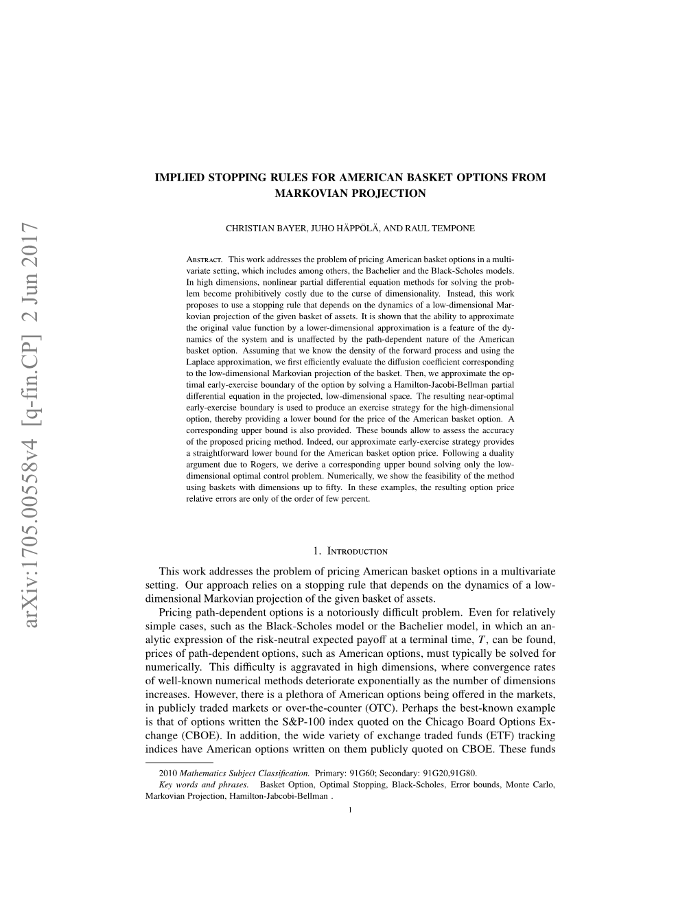 Implied Stopping Rules for American Basket Options from Markovian Projection 3