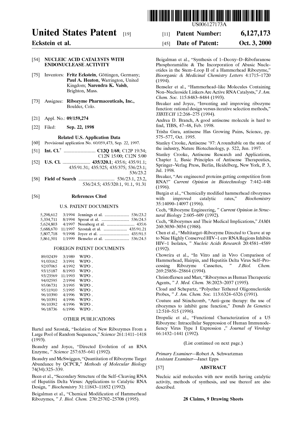 United States Patent (19) 11 Patent Number: 6,127,173 Eckstein Et Al