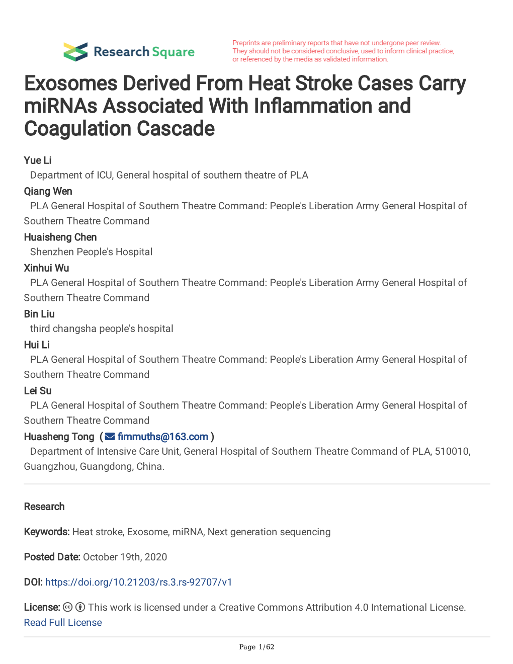 Exosomes Derived from Heat Stroke Cases Carry Mirnas Associated with Infammation and Coagulation Cascade