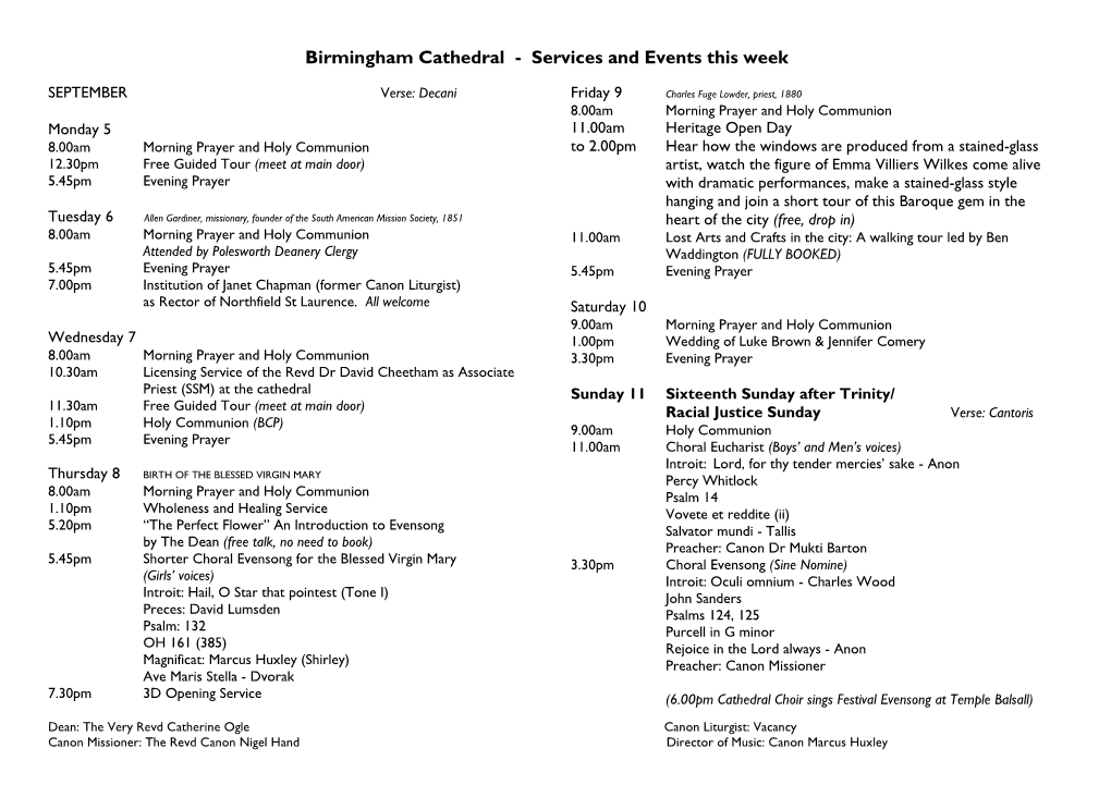 Birmingham Cathedral - Services and Events This Week