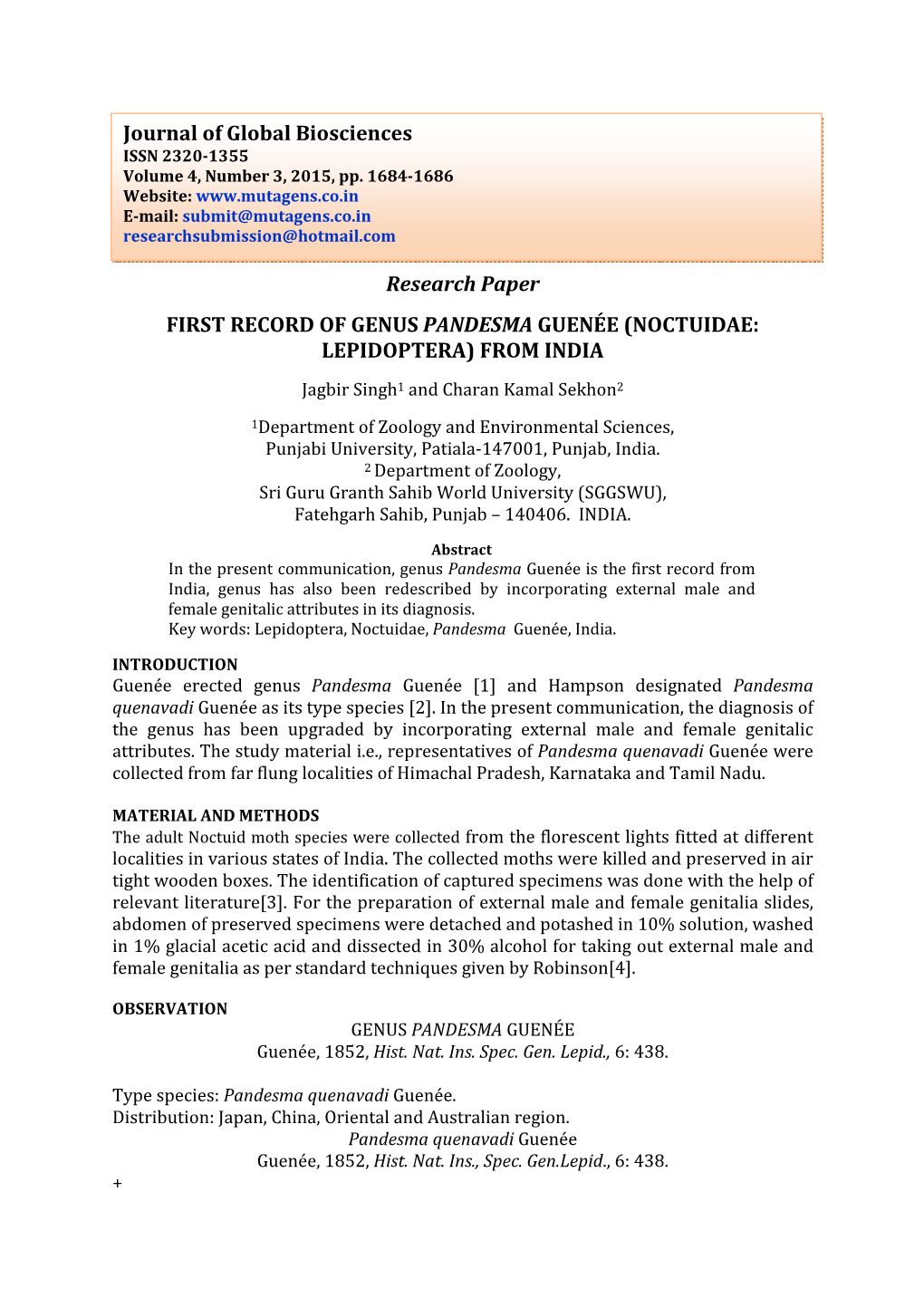 Research Paper FIRST RECORD of GENUS PANDESMA GUENÉE (NOCTUIDAE: LEPIDOPTERA) from INDIA