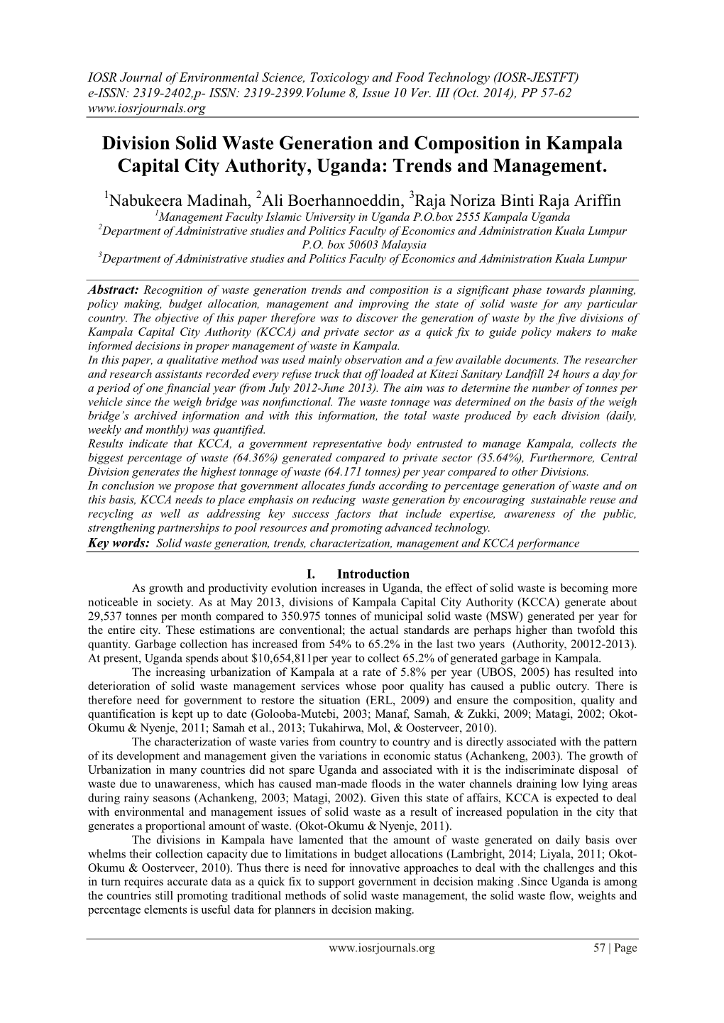 Division Solid Waste Generation and Composition in Kampala Capital City Authority, Uganda: Trends and Management