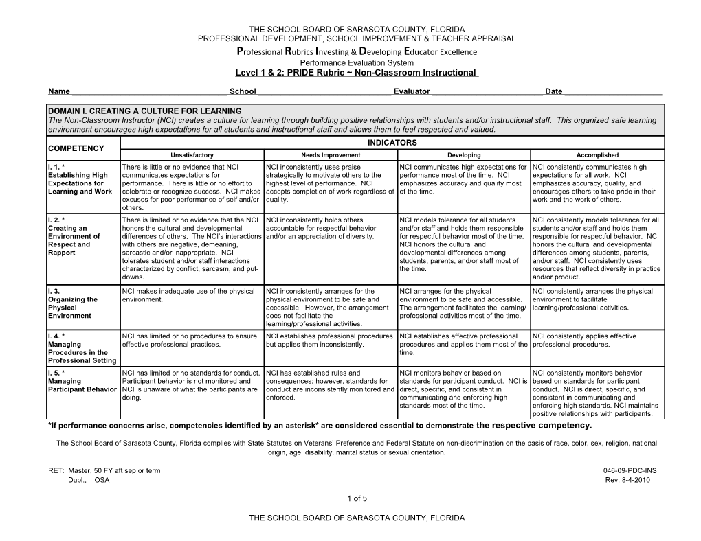 Level 1 Level 2 PRIDE Rubric - Non-Classroom Instructional