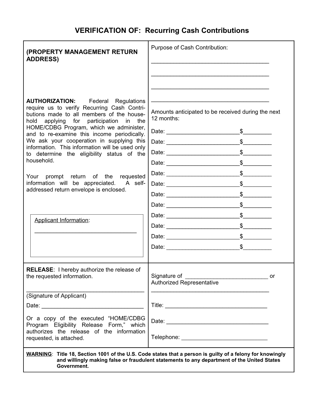 VERIFICATION OF: Recurring Cash Contributions