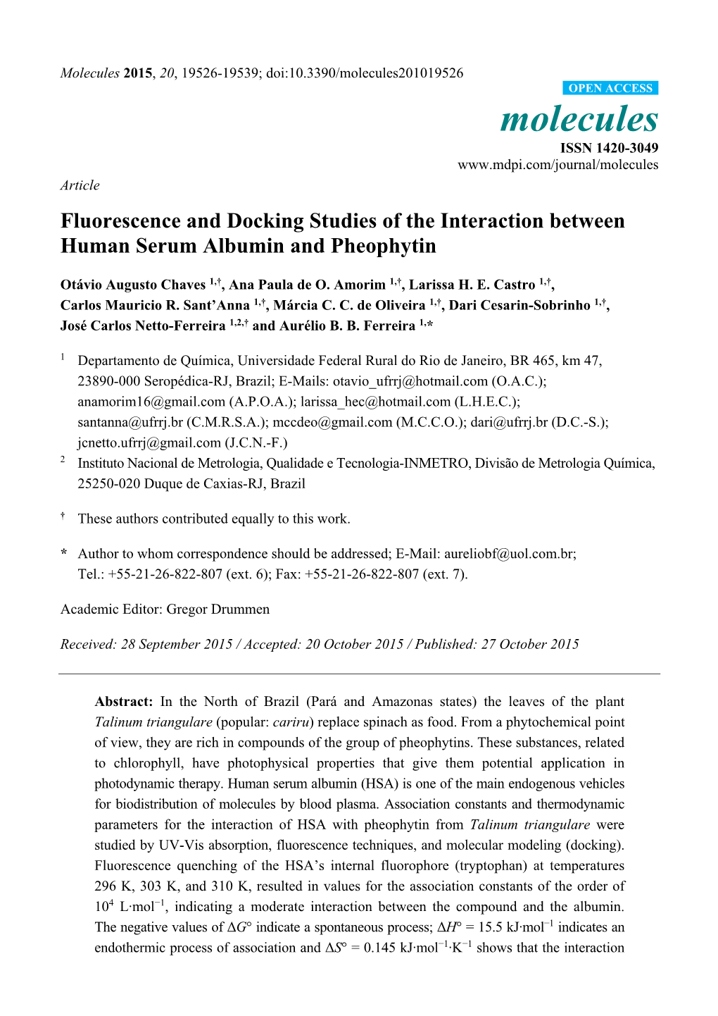 Fluorescence and Docking Studies of the Interaction Between Human Serum Albumin and Pheophytin