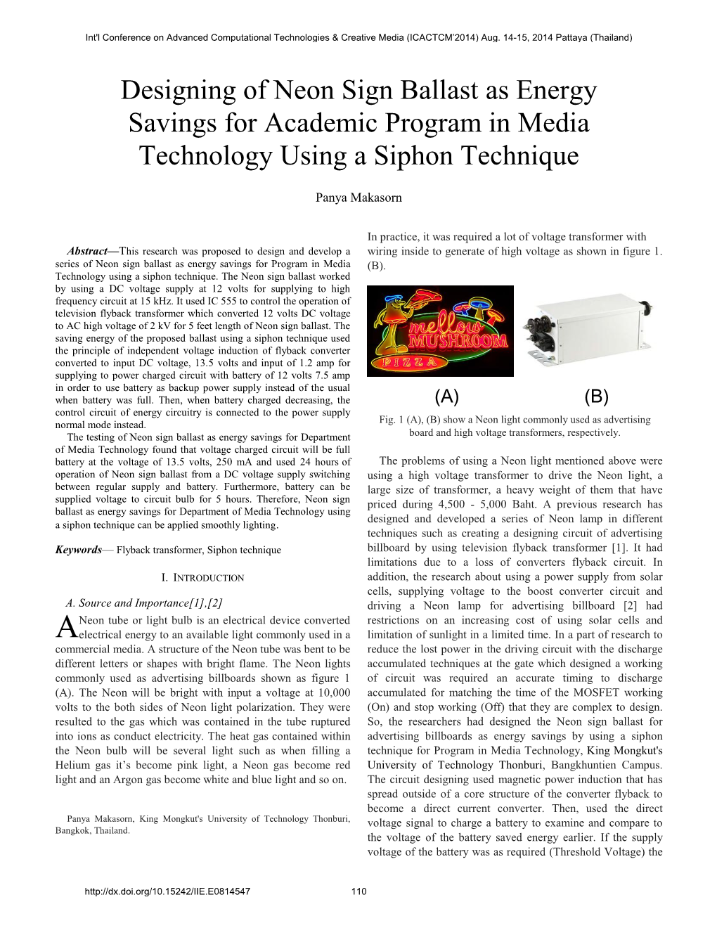 Designing of Neon Sign Ballast As Energy Savings for Academic Program in Media Technology Using a Siphon Technique