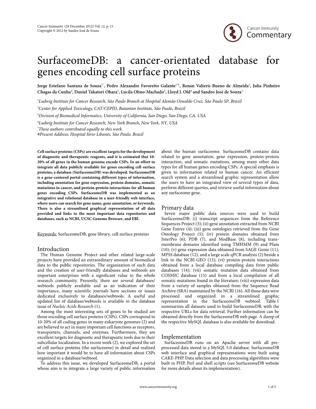 Cancer Immunity (28 December 2012) Vol. 12, P. 15 Copyright © 2012 by Sandro José De Souza 110803