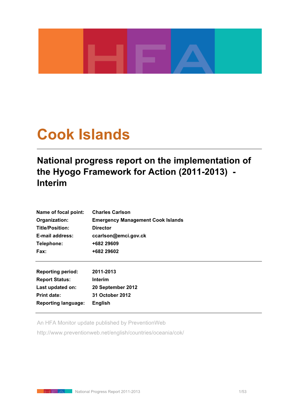 Cook Islands:National Progress Report on the Implementation of the Hyogo Framework for Action (2011-2013)