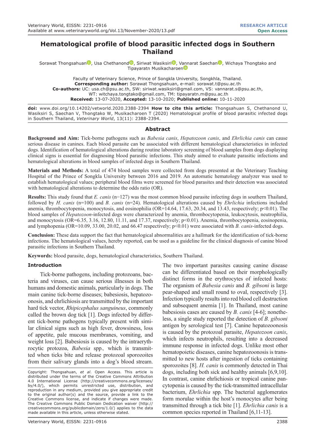 Hematological Profile of Blood Parasitic Infected Dogs in Southern Thailand