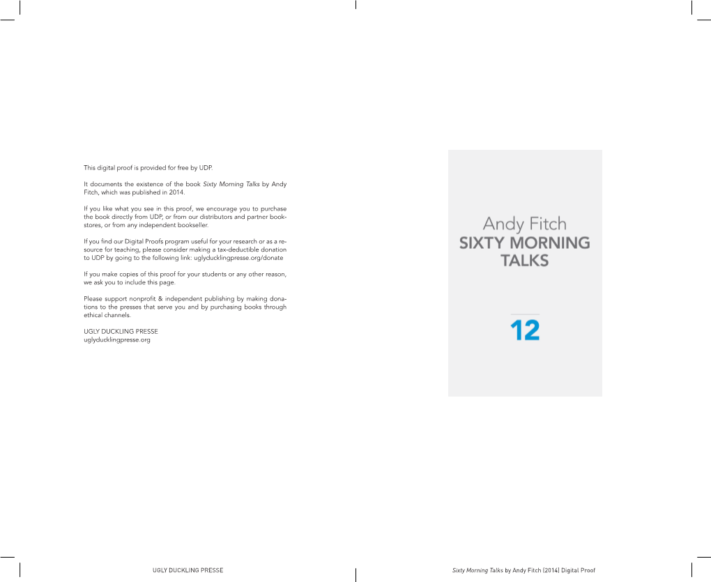 Sixty Morning Talks by Andy Fitch, Which Was Published in 2014