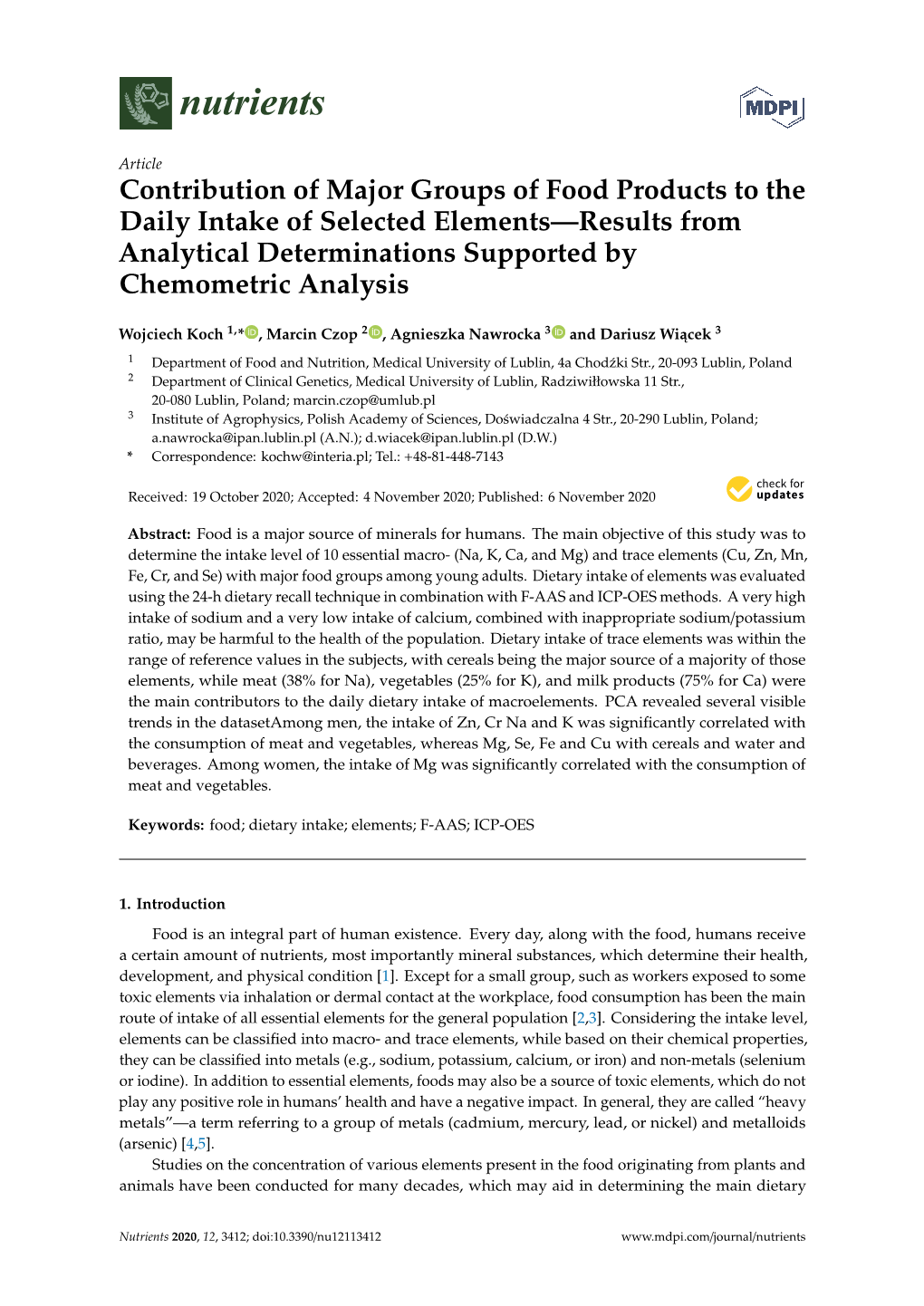 Contribution of Major Groups of Food Products to the Daily Intake of Selected Elements—Results from Analytical Determinations Supported by Chemometric Analysis