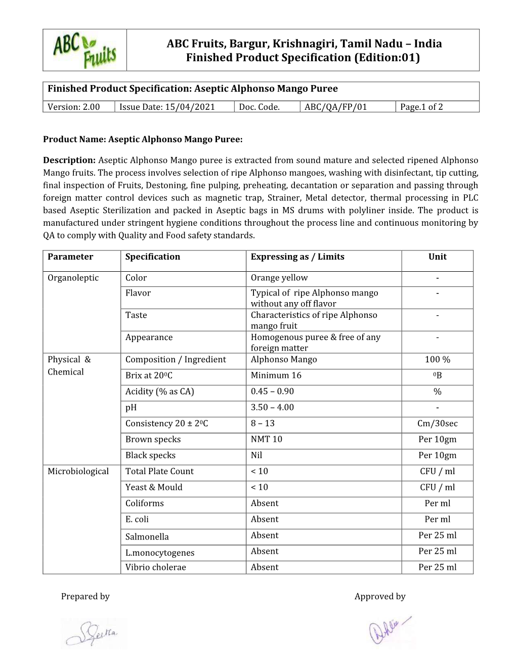 ABC Fruits, Bargur, Krishnagiri, Tamil Nadu – India Finished Product Specification (Edition:01)