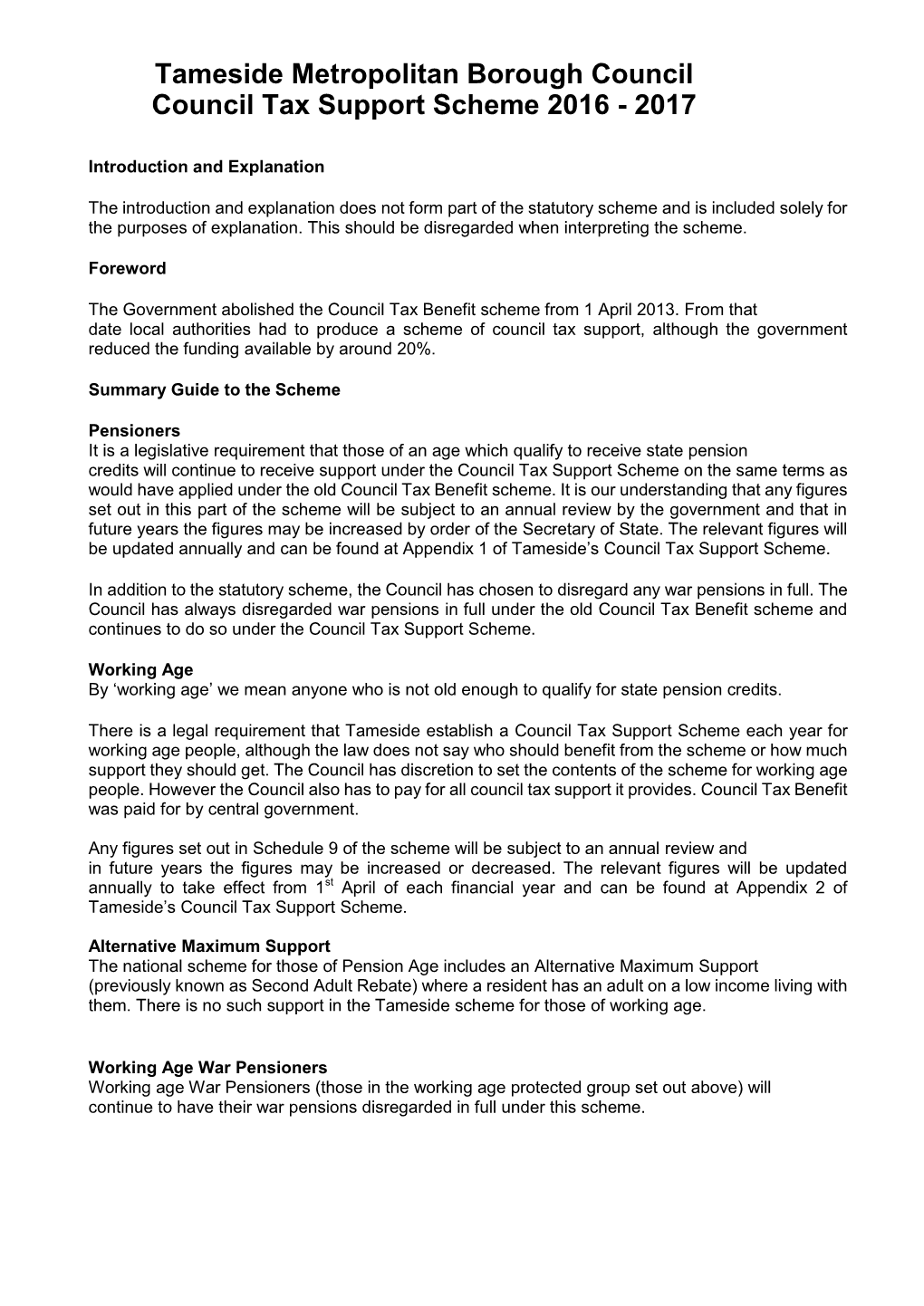 Tameside Metropolitan Borough Council Council Tax Support Scheme 2016 - 2017