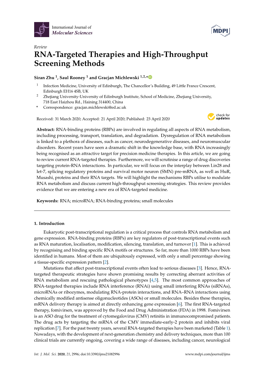 RNA-Targeted Therapies and High-Throughput Screening Methods