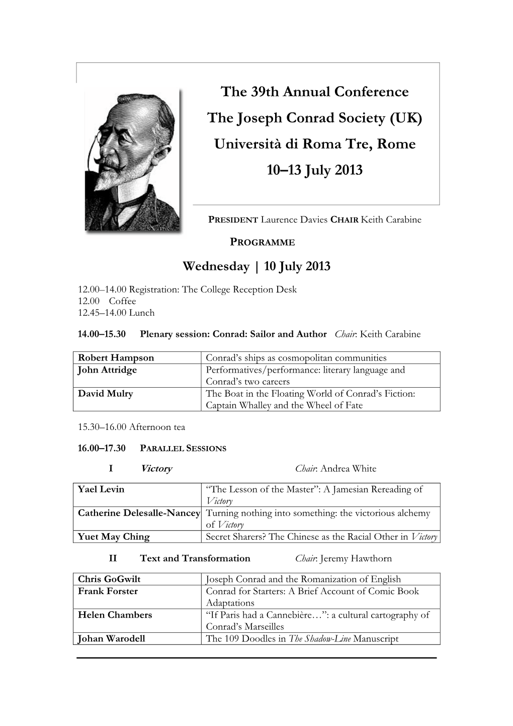 The 39Th Annual Conference the Joseph Conrad Society (UK) Università Di Roma Tre, Rome 10–13 July 2013