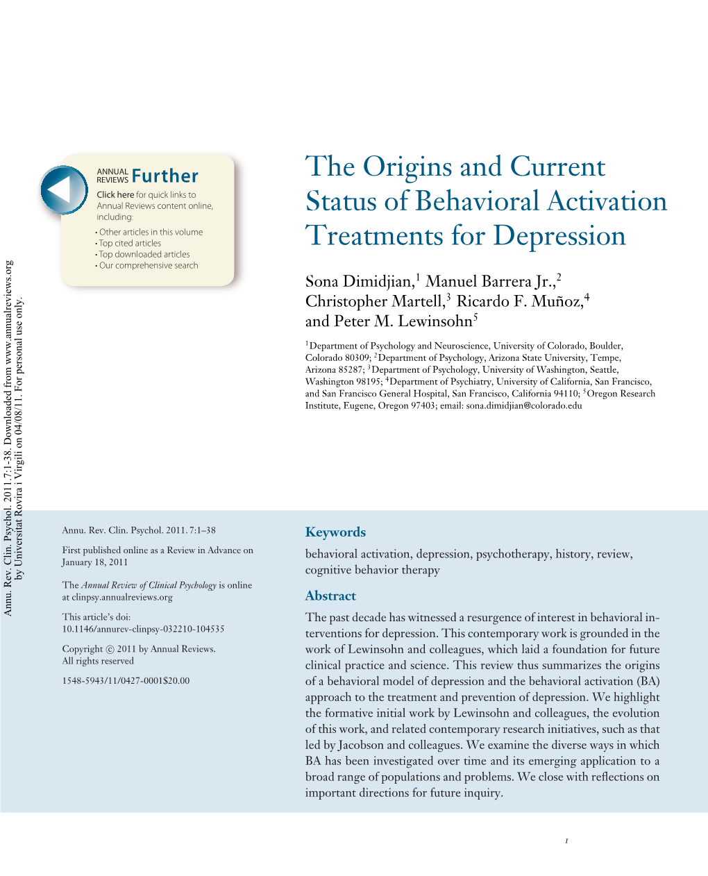 The Origins and Current Status of Behavioral Activation Treatments for Depression