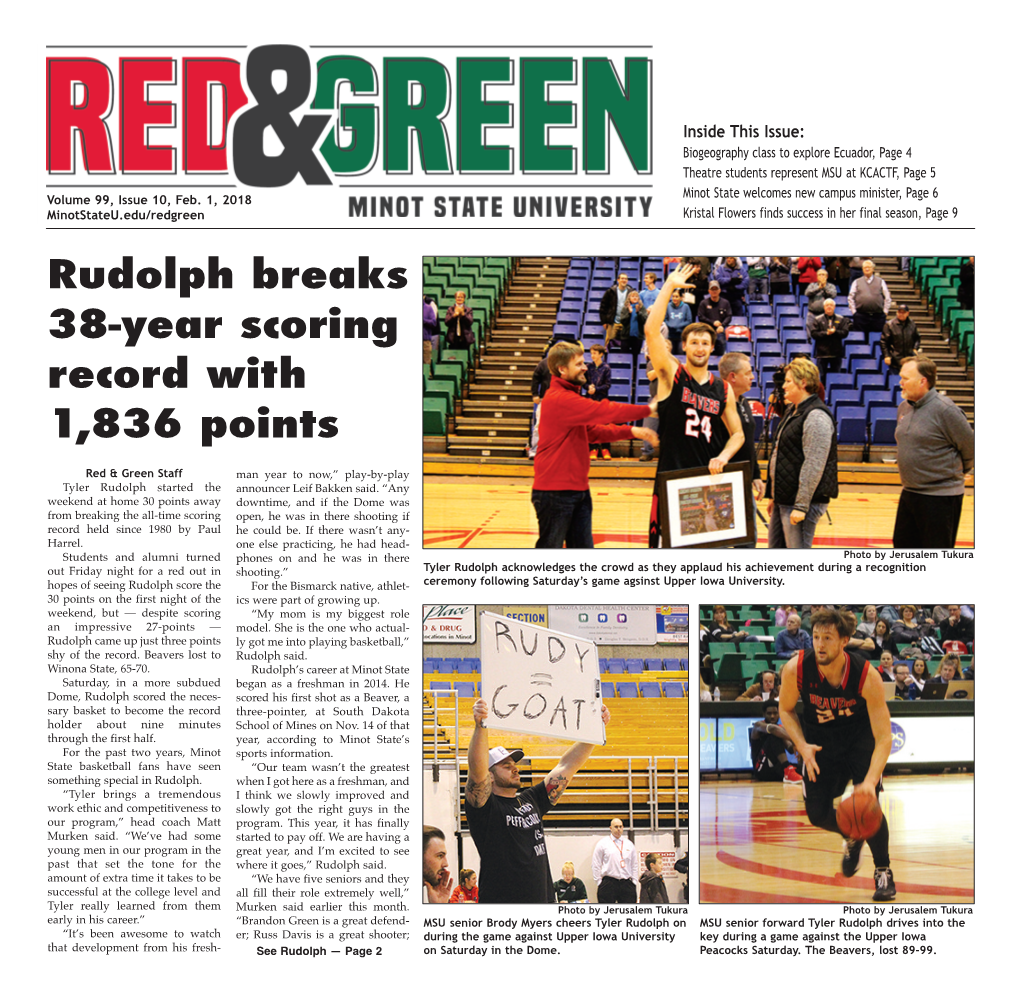 Rudolph Breaks 38-Year Scoring Record with 1,836 Points Red & Green Staff Man Year to Now,” Play-By-Play Tyler Rudolph Started the Announcer Leif Bakken Said