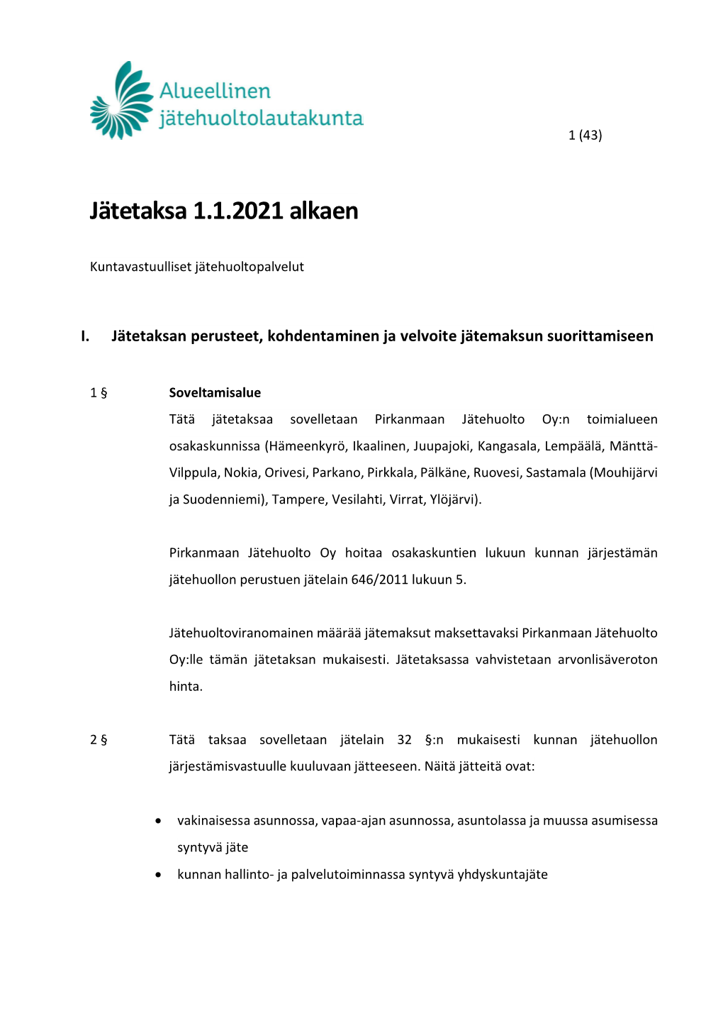 Jätetaksa 1.1.2021 Alkaen